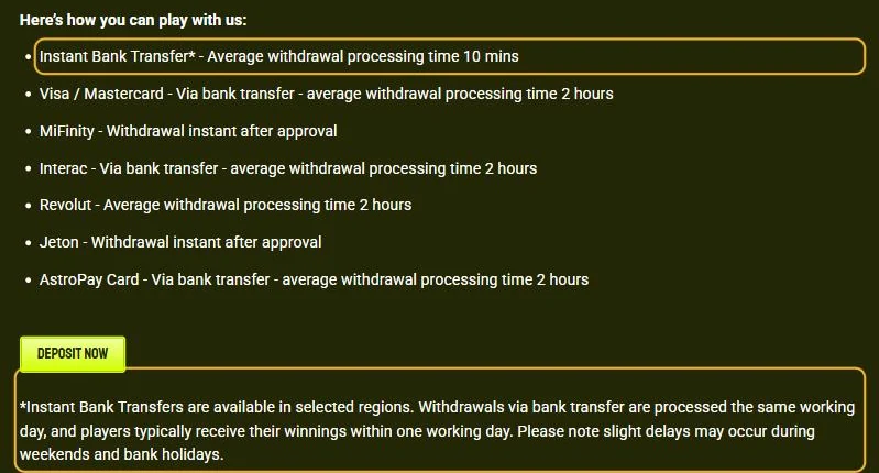 Betalingssiden til LuckyJungle: Instant Bank Transfer i snitt 10 minutter, bankuttak behandlet samme virkedag (lest 22. oktober 2026).