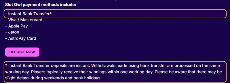 Betalingssiden til SlotOwl: Instant Bank Transfer, bankuttak behandlet samme virkedag (lest 22. oktober 2026).