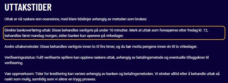 Betalingssiden til Unlimit Casino: direkte bankuttak behandles vanligvis på under 10 minutter, etter fredag kl. 12 først mandag (lest 22. oktober 2026).