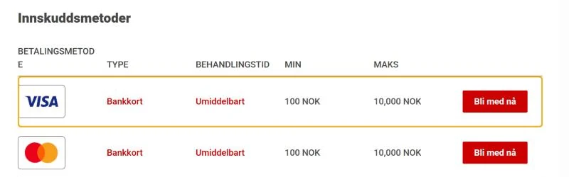 Betalingssiden til 55Bet: Visa og Mastercard som bankkort, fra 100 NOK (lest 22. oktober 2026).