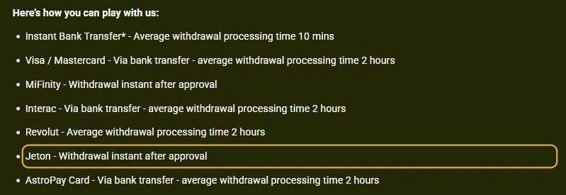 Betalingssiden til LuckyJungle: «Jeton – Withdrawal instant after approval» (lest 22. oktober 2026).