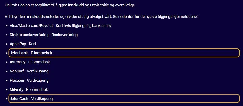 Betalingssiden til Unlimit Casino: Jetonbank (e-lommebok) og JetonCash (verdikupong) i listen (lest 22. oktober 2026).