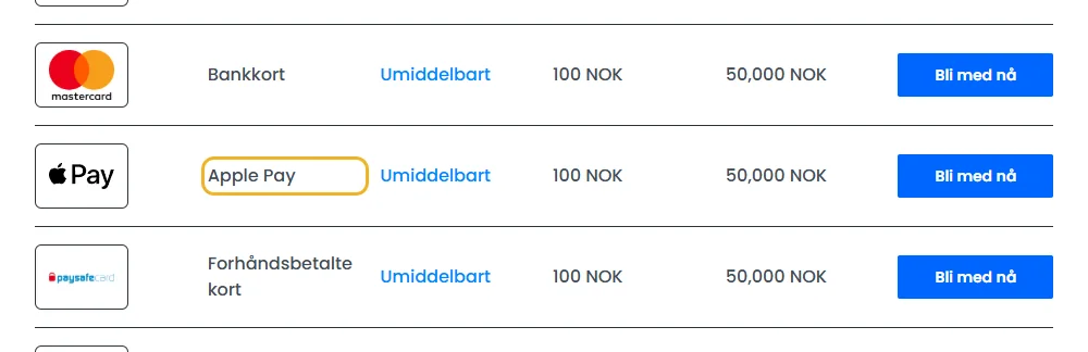 Betalingssiden til 30Bet: Apple Pay markert i listen (lest 22. oktober 2026).