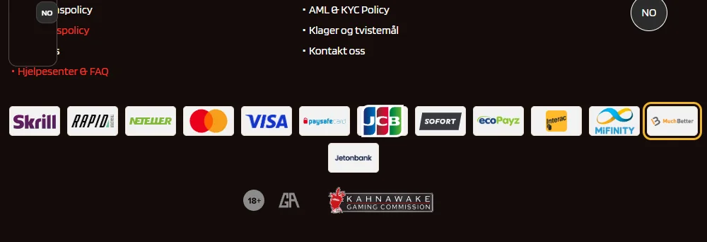 Betalingslogoene på siden til KumoBet: MuchBetter markert (lest 22. oktober 2026).