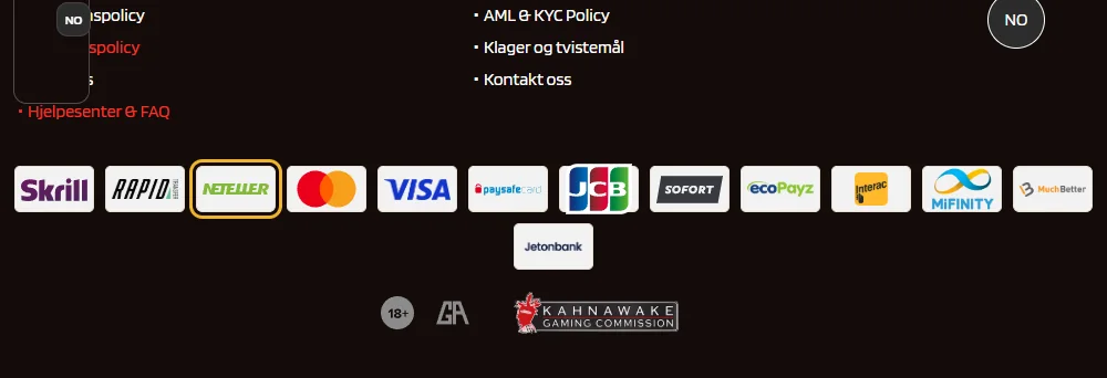 Betalingslogoene på siden til KumoBet: Neteller markert (lest 22. oktober 2026).