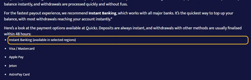 Betalingssiden til Quickz: direkte bankbetaling (Instant Banking) markert i listen (lest 22. oktober 2026).