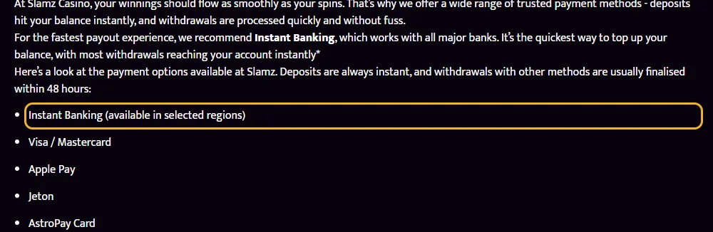 Betalingssiden til Slamz: direkte bankbetaling (Instant Banking) markert i listen (lest 22. oktober 2026).