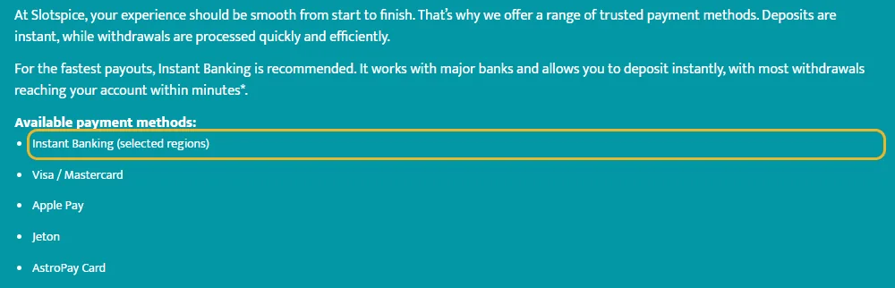 Betalingssiden til SlotSpice: direkte bankbetaling (Instant Banking) markert i listen (lest 22. oktober 2026).
