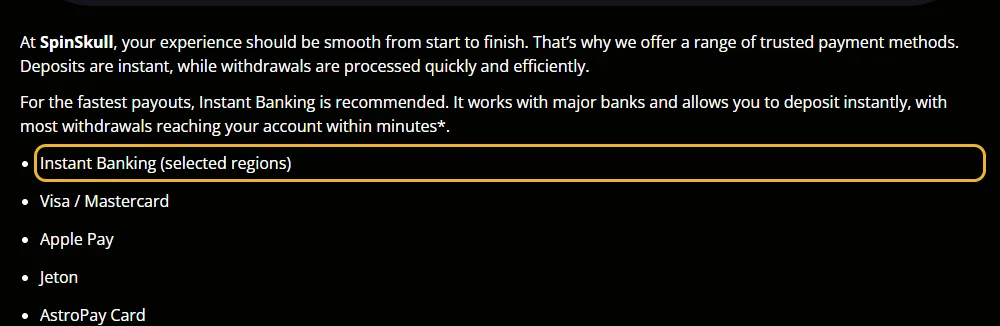 Betalingssiden til SpinSkull: direkte bankbetaling (Instant Banking) markert i listen (lest 22. oktober 2026).