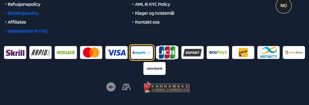 Betalingslogoene på siden til TrivelaBet: Paysafecard markert (lest 22. oktober 2026).