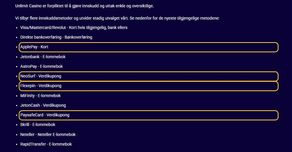 Betalingssiden til Unlimit Casino: Apple Pay og kuponger markert i listen (lest 22. oktober 2026).