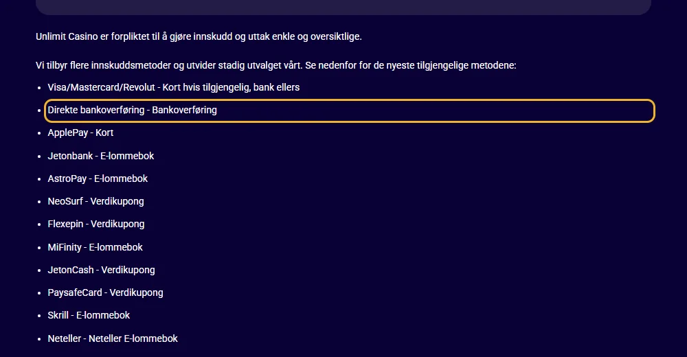 Betalingssiden til Unlimit Casino: Trustly og direkte bankbetaling markert i listen (lest 22. oktober 2026).