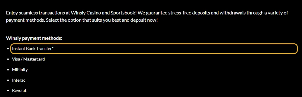 Betalingssiden til Winsly: direkte bankbetaling (Instant Banking) markert i listen (lest 22. oktober 2026).