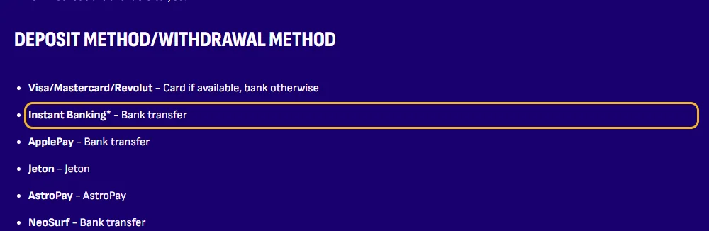 Betalingssiden til Winzie: direkte bankbetaling (Instant Banking) markert i listen (lest 22. oktober 2026).
