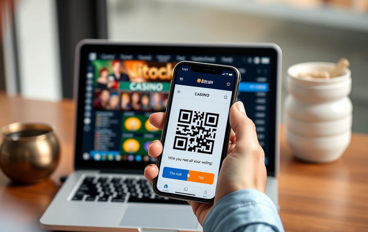 Person som skanner en Bitcoin QR-kode på mobilen for innskudd på et nettcasino.