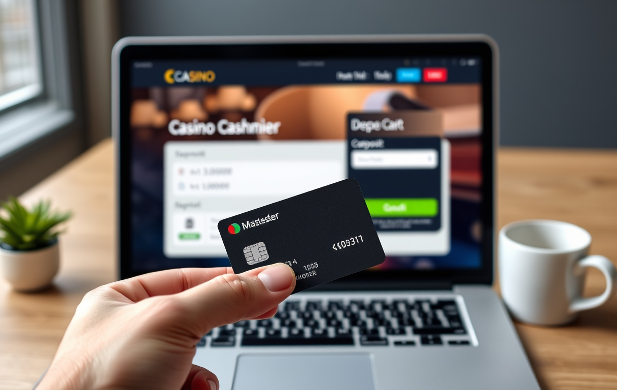 Hånd som holder Mastercard foran en laptop med casino-kasse på skjermen