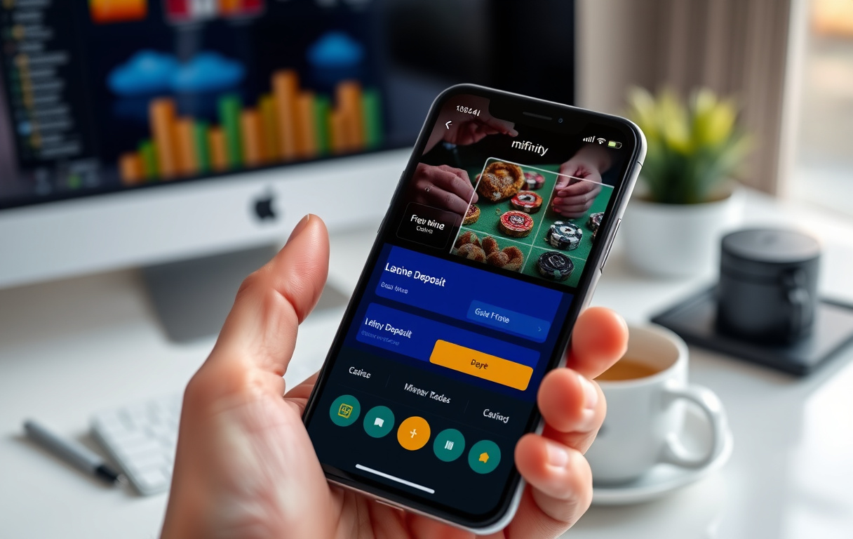 Person som holder en mobiltelefon med MiFinity-appen åpen, med et nettcasino synlig i bakgrunnen.