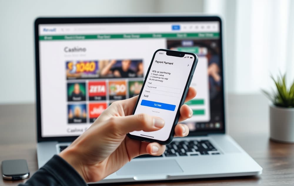 Person som betaler på et casino via Revolut-appen på smarttelefon – illustrasjon av innskudd med kortbetaling.