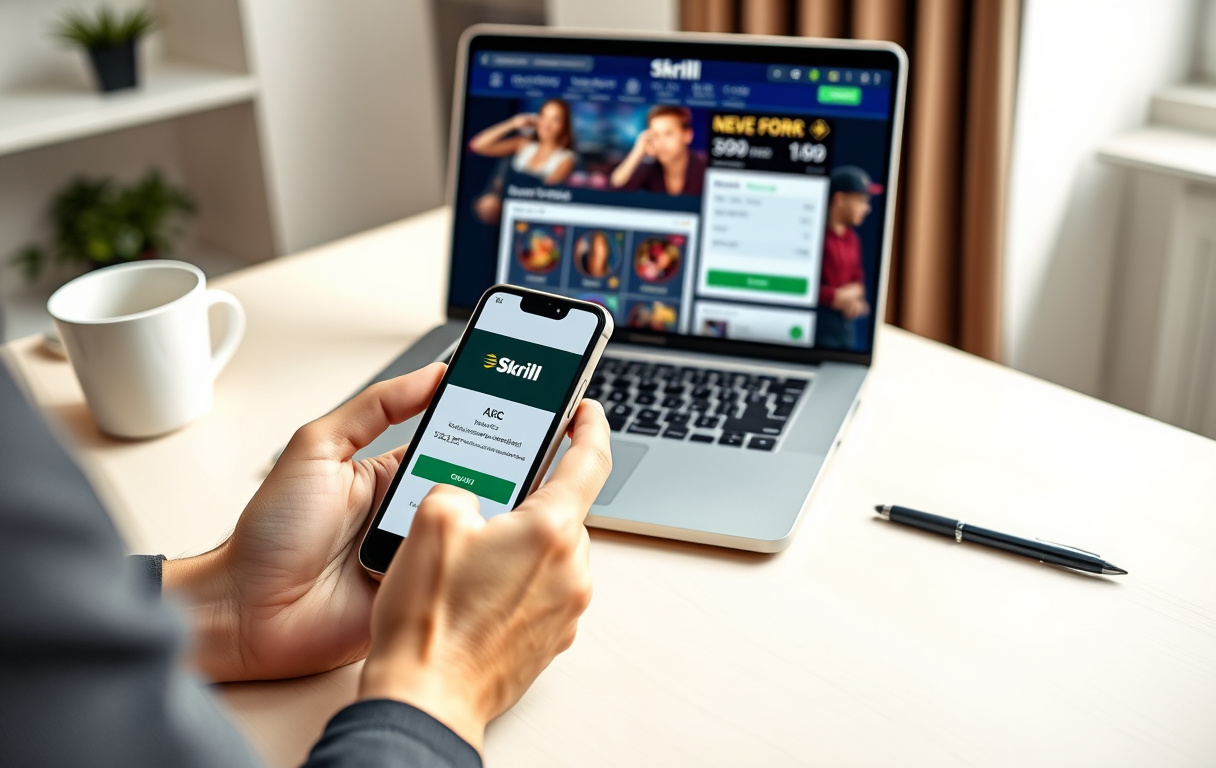 Person som bruker Skrill-appen for å sette inn penger på et nettcasino via mobil og laptop