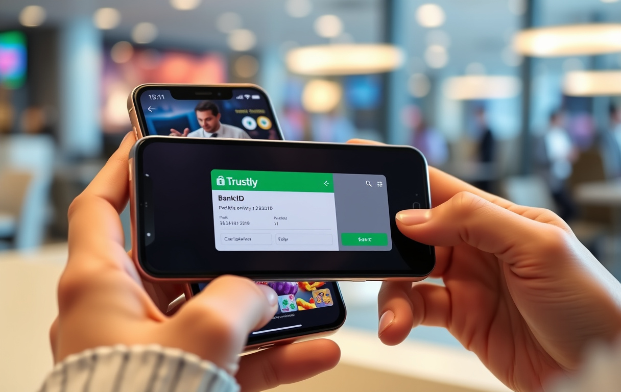 Person som bruker mobilen til Trustly-betaling med BankID på et nettcasino