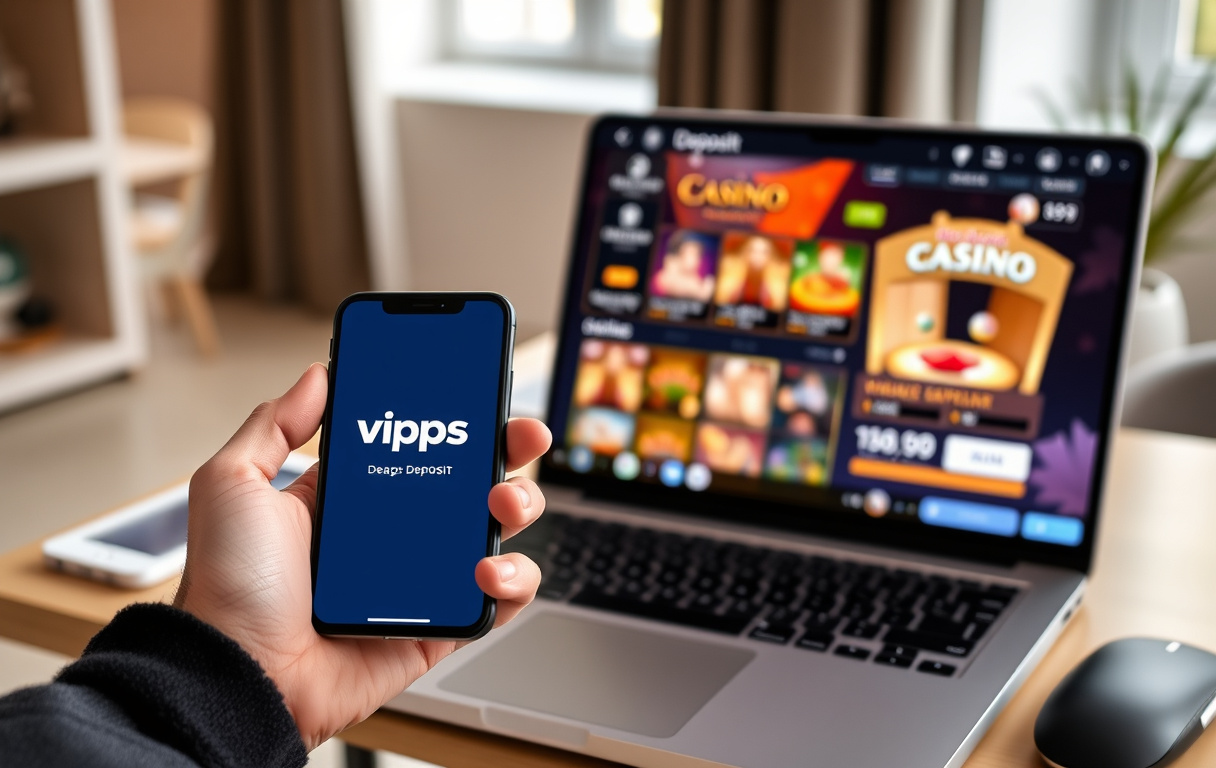 Person som bruker Vipps på mobil for casinoinnskudd