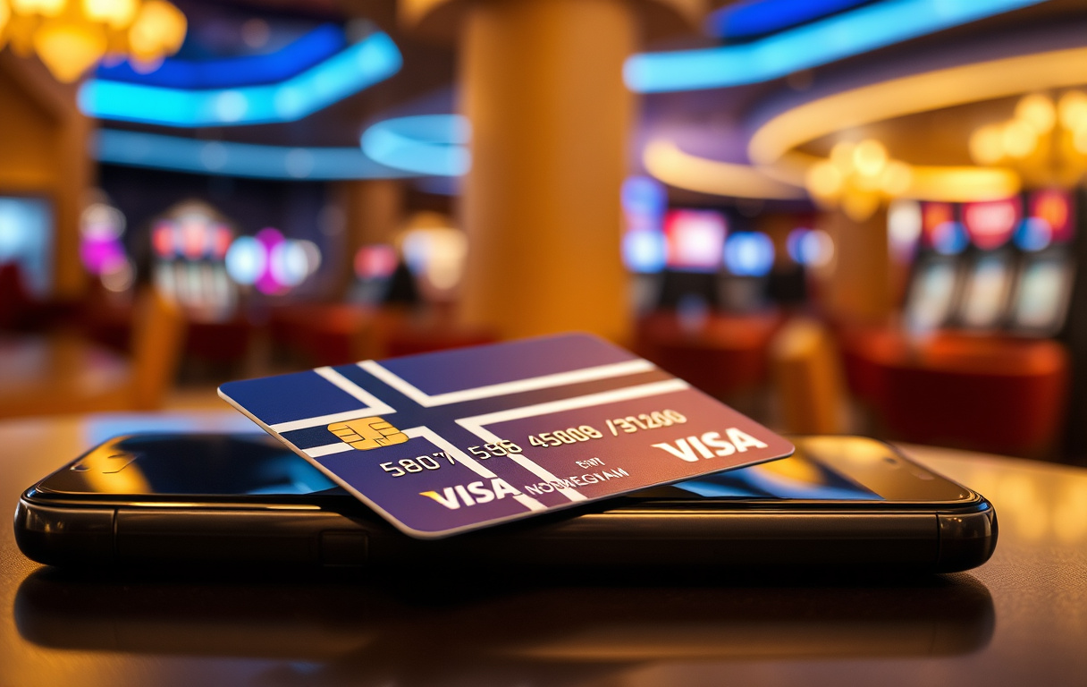 Norsk Visa-debetkort på en mobiltelefon med casino-bakgrunn