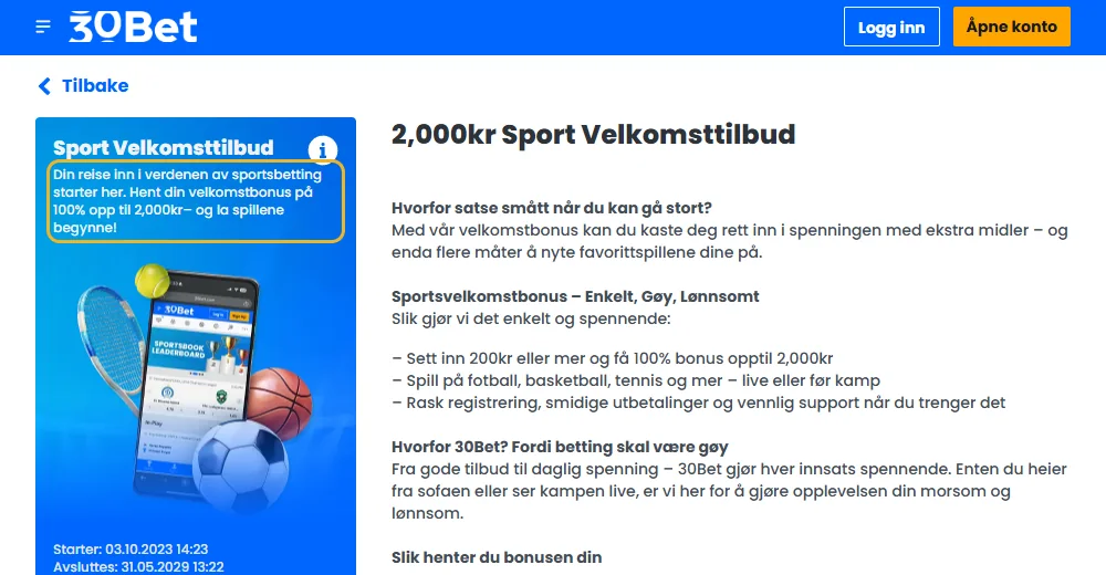 Sportssiden til 30Bet: sportsbonusen markert (lest 22. oktober 2026).