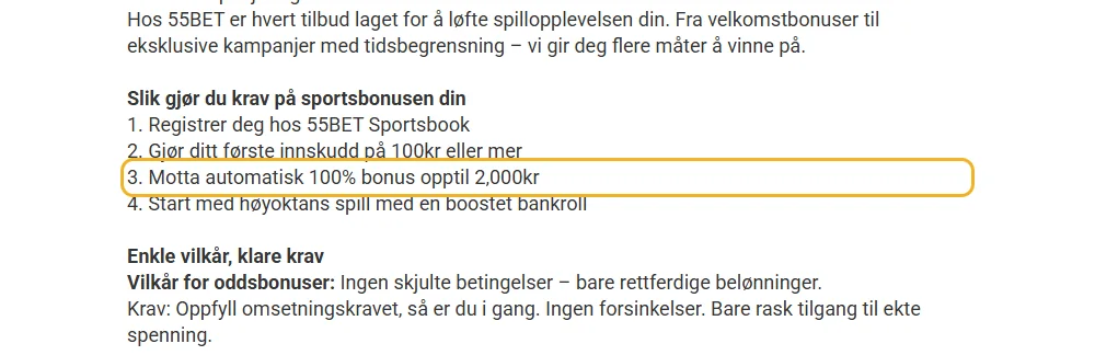 Sportssiden til 55Bet: sportsbonusen markert (lest 22. oktober 2026).