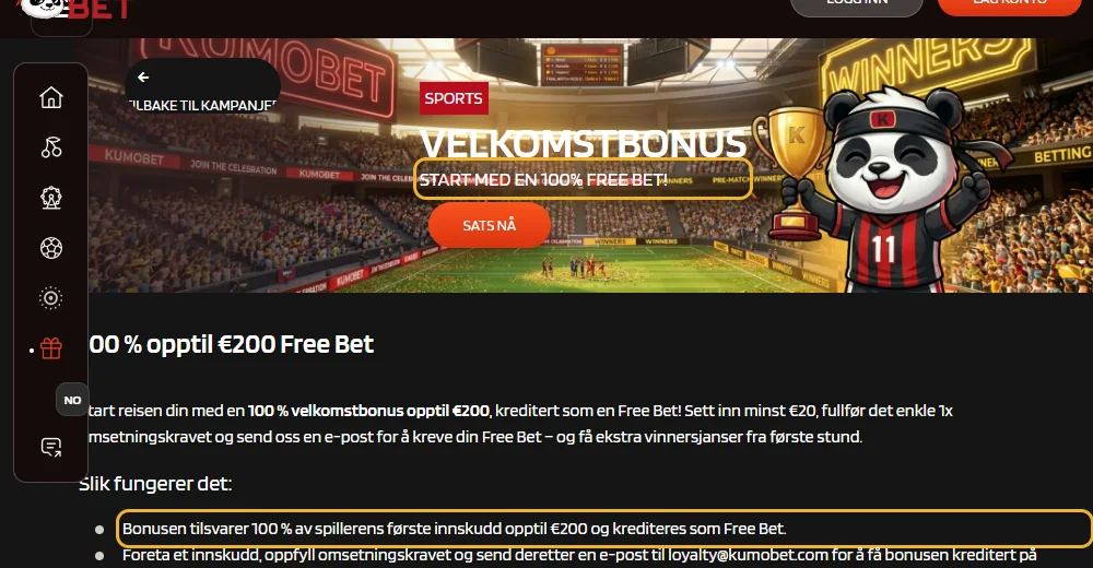 Sportssiden til KumoBet: free bet-tilbudet markert (lest 22. oktober 2026).