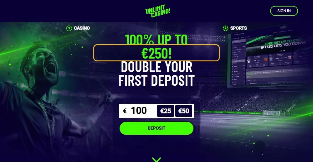 Sportssiden til Unlimit Casino: sportsbonusen WELCOME250 markert (lest 22. oktober 2026).