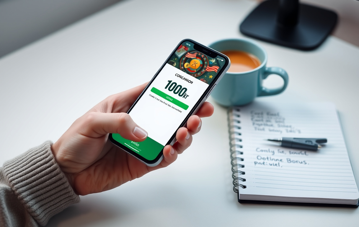 Norsk spiller med mobiltelefon som viser 100 kr gratis bonus fra et nettcasino.