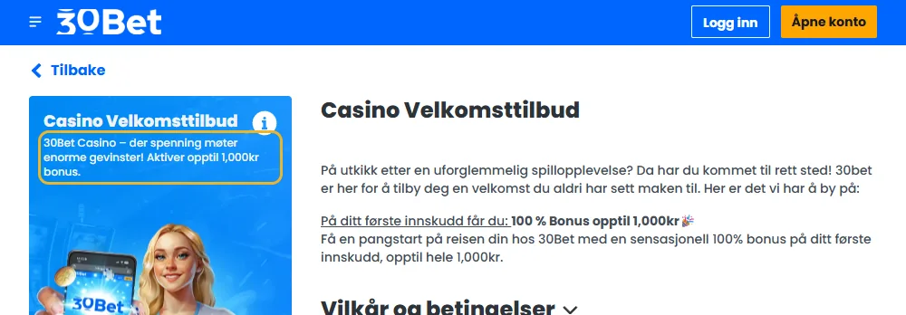 Kampanjesiden til 30Bet: velkomstbonusen markert (lest 22. oktober 2026).
