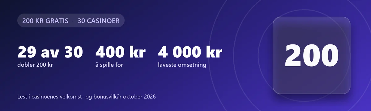 200 kr gratis casino: 29 av 30 dobler 200 kr, 400 kr å spille for, laveste omsetning 4 000 kr