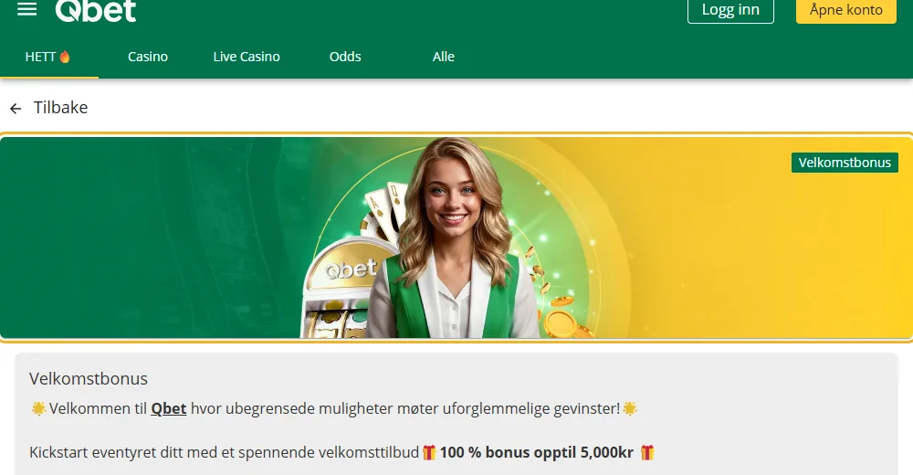 Kampanjesiden til Qbet: velkomstbonusen markert (lest 22. oktober 2026).