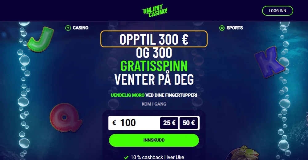 Kampanjesiden til Unlimit Casino: velkomstbonusen markert (lest 22. oktober 2026).