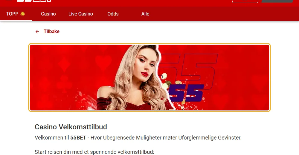 Kampanjesiden til 55Bet: velkomstbonusen markert (lest 22. oktober 2026).