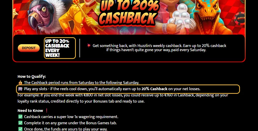 Kampanjesiden til Huzzlin: cashbacken markert (lest 22. oktober 2026).