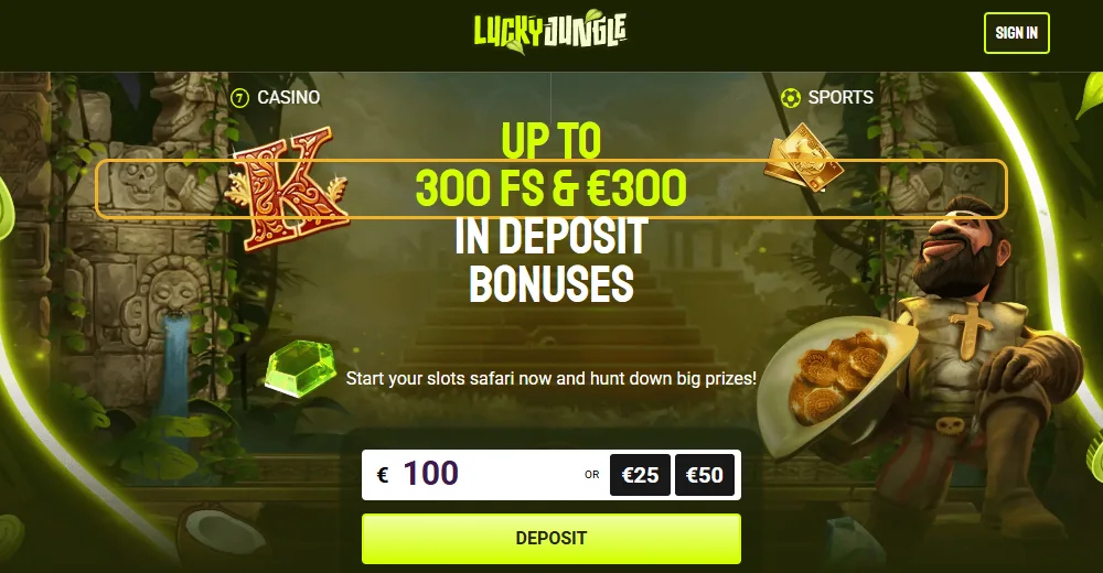 Kampanjesiden til LuckyJungle: velkomstbonusen markert (lest 22. oktober 2026).
