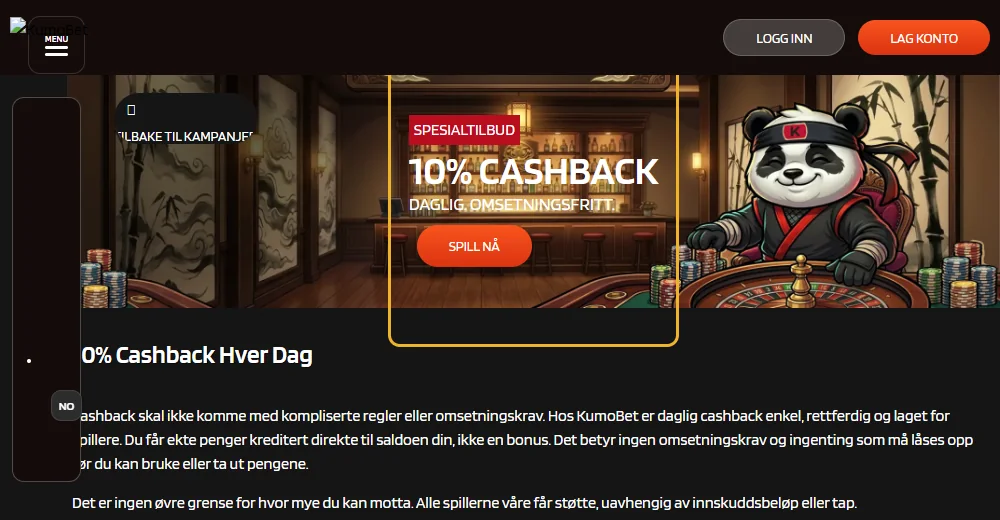 Kampanjesiden til KumoBet: den daglige cashbacken markert (lest 22. oktober 2026).
