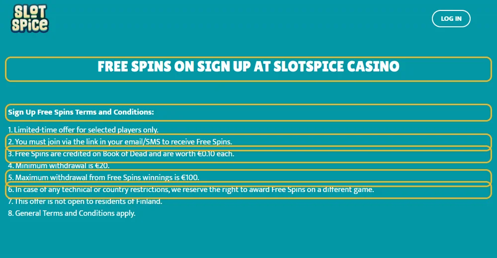 Kampanjesiden til SlotSpice: registreringsspinnene markert (lest 22. oktober 2026).