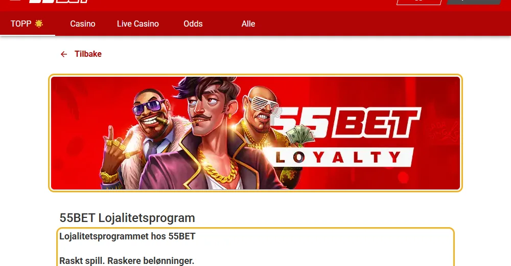Kampanjesiden til 55Bet: lojalitetsprogrammet markert (lest 22. oktober 2026).