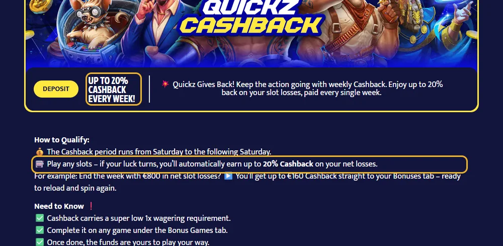 Kampanjesiden til Quickz: cashback-trappen markert (lest 22. oktober 2026).