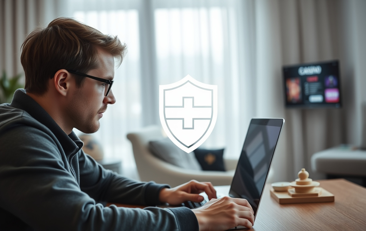 Norsk spiller foran laptop med skjoldikon som symboliserer spillernes rettigheter, realistisk foto.