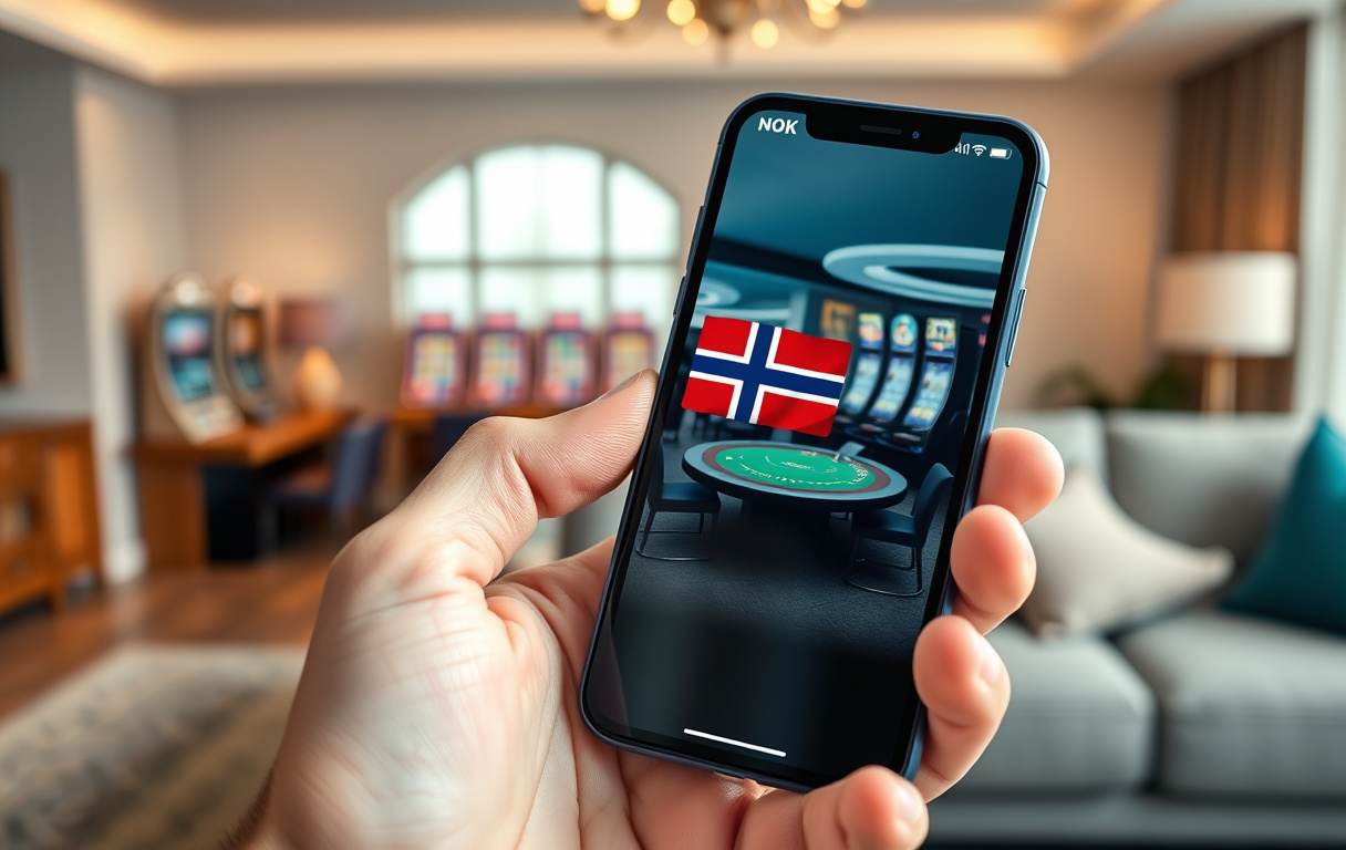 Smarttelefon med casinospill på skjermen, norske kroner og levende bakgrunn