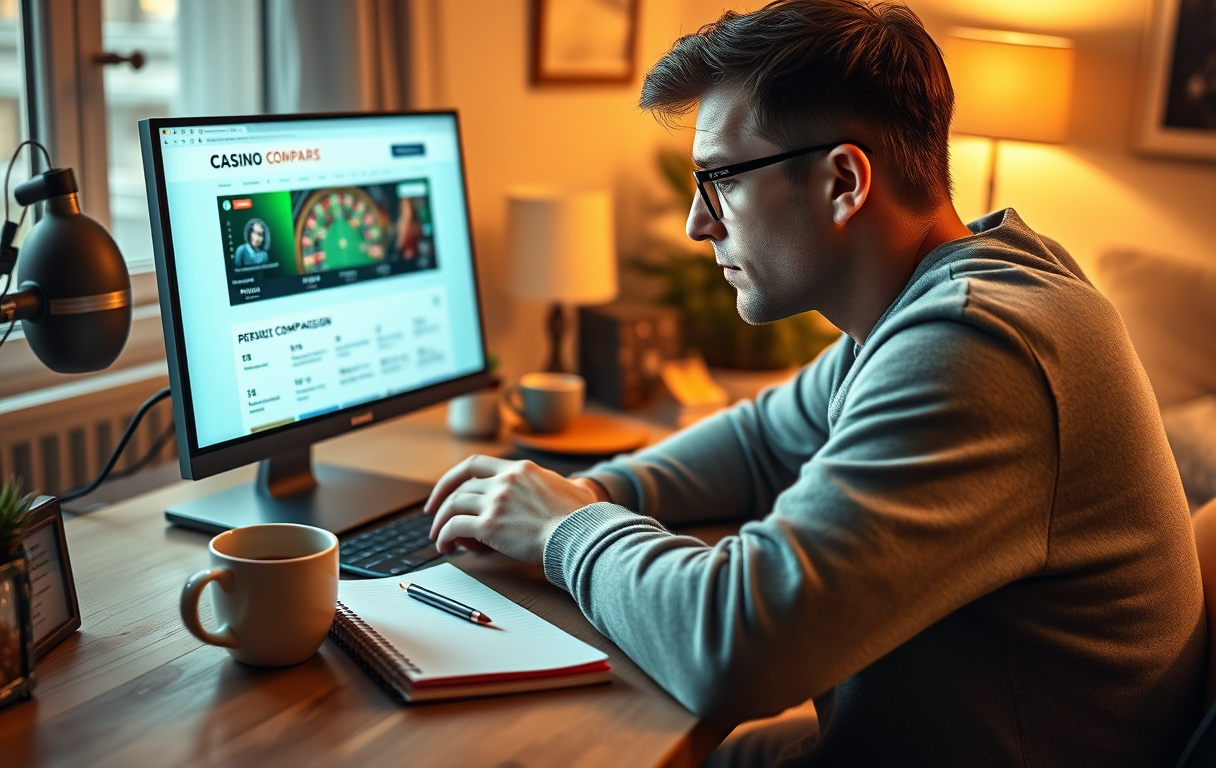 Person som sammenligner nettcasino på bærbar PC med kaffekopp og notatblokk