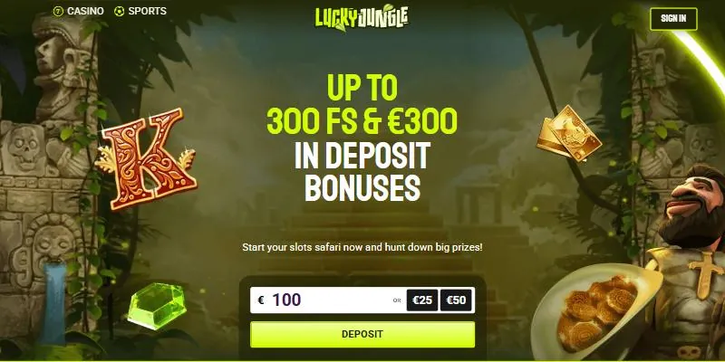 Forsiden til LuckyJungle – nettcasino med raske uttak via Instant Bank