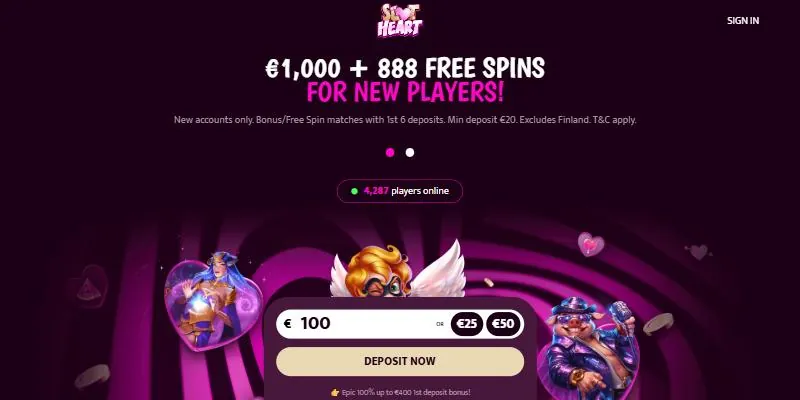 Forsiden til SlotHeart – nettcasino med MGA-lisens og 888 gratisspinn