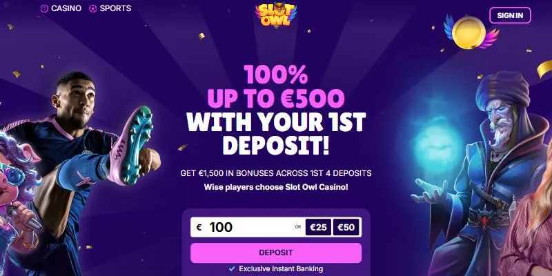 Forsiden til SlotOwl – nettcasino med 1 500 € i velkomstbonus