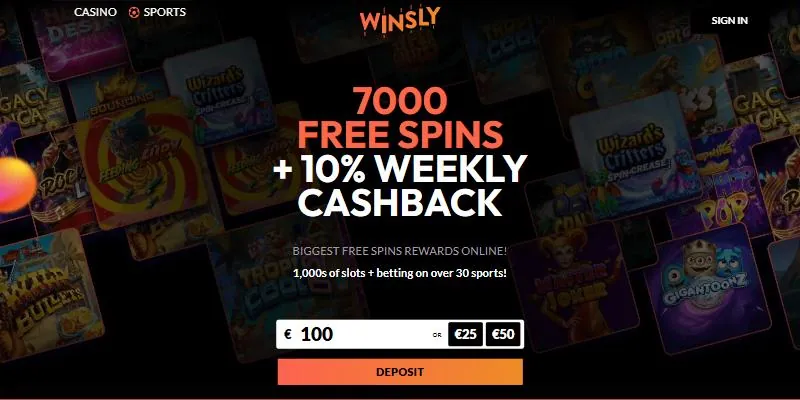 Forsiden til Winsly – casino på nett med gratisspinn uten omsetningskrav