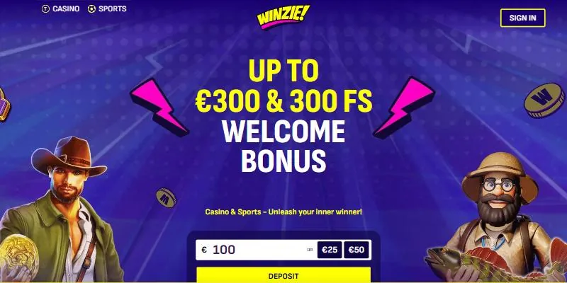 Forsiden til Winzie – nettcasino med 16 betalingsmåter